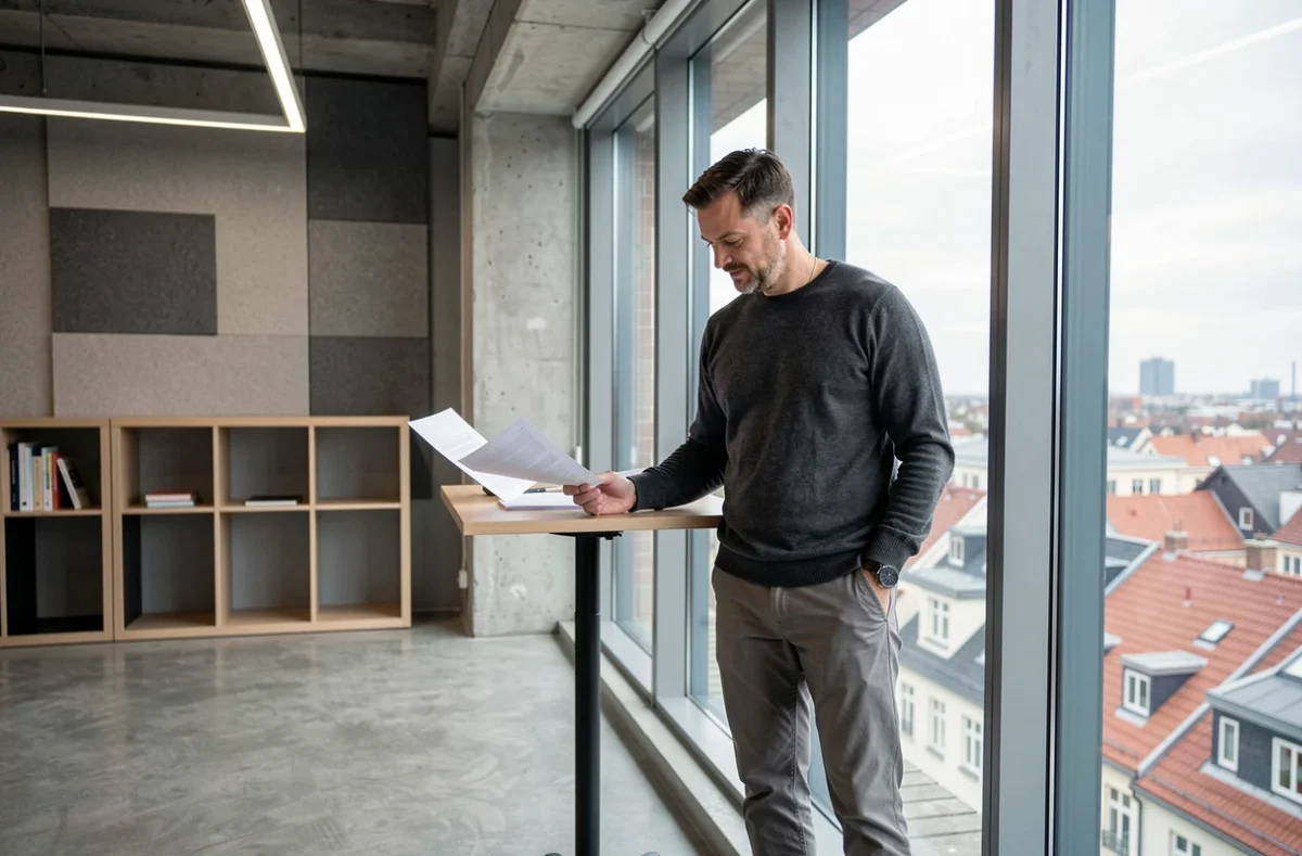 Professionnel debout près d'une grande fenêtre dans un espace de coworking avec vue sur les toits d'Arras