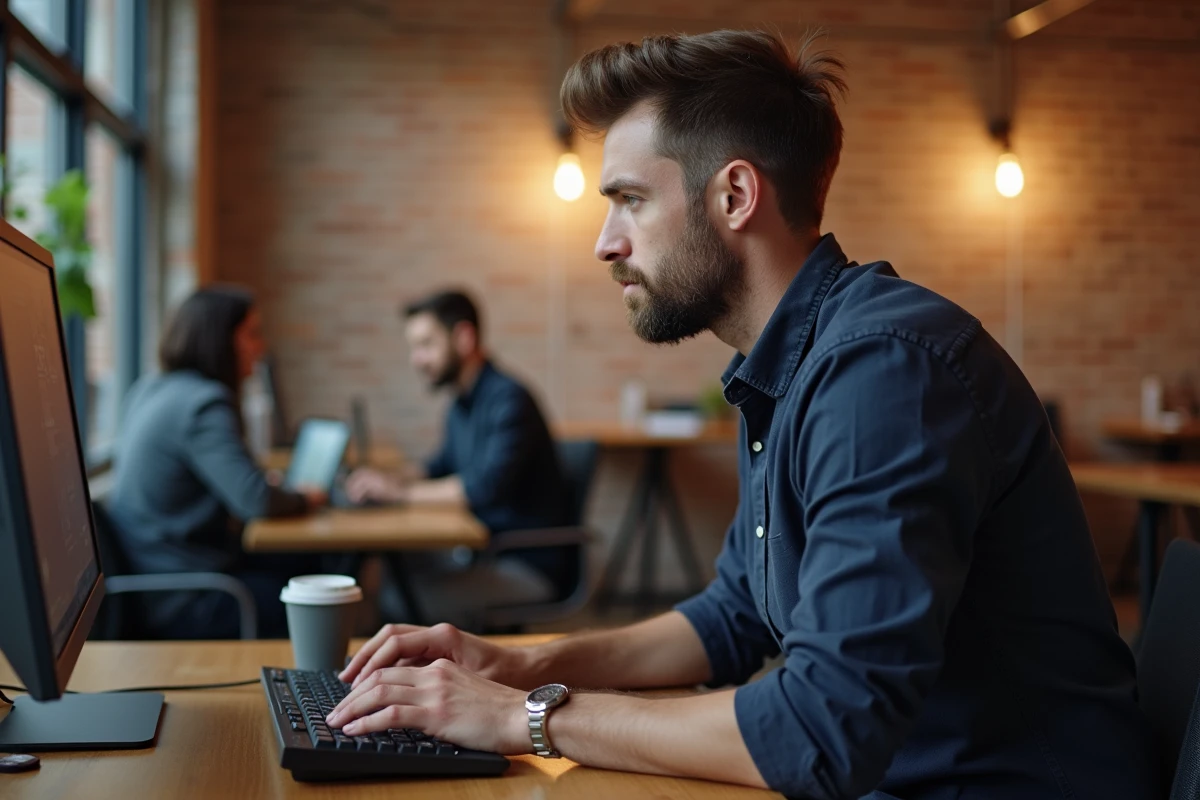 Homme en reconversion professionnelle travaillant dans un espace de coworking moderne, métiers en télétravail 2026