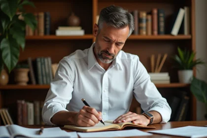 Homme concentré écrivant un discours sur le travail dans un bureau chaleureux avec livres et papiers organisés