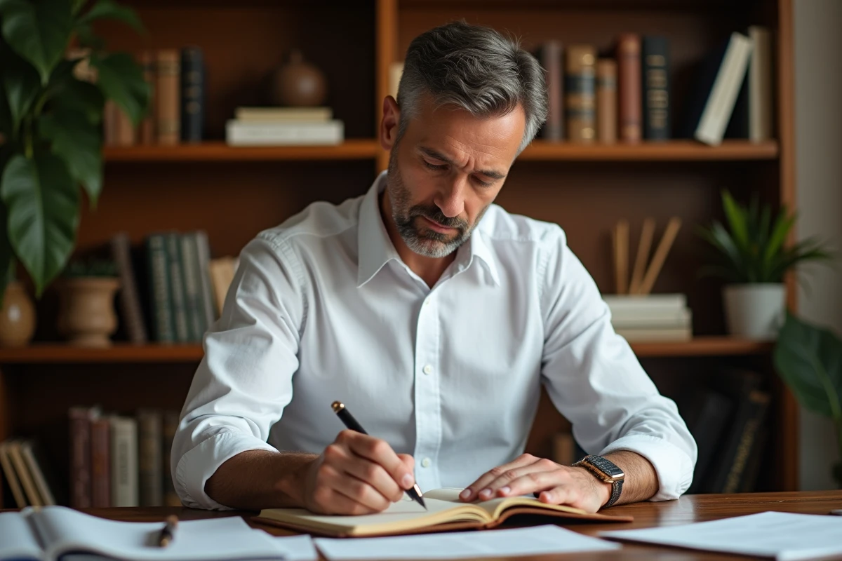 Homme concentré écrivant un discours sur le travail dans un bureau chaleureux avec livres et papiers organisés