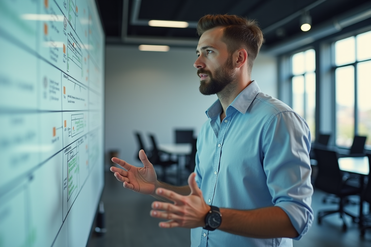 Homme expliquant des diagrammes sur un tableau blanc en réunion