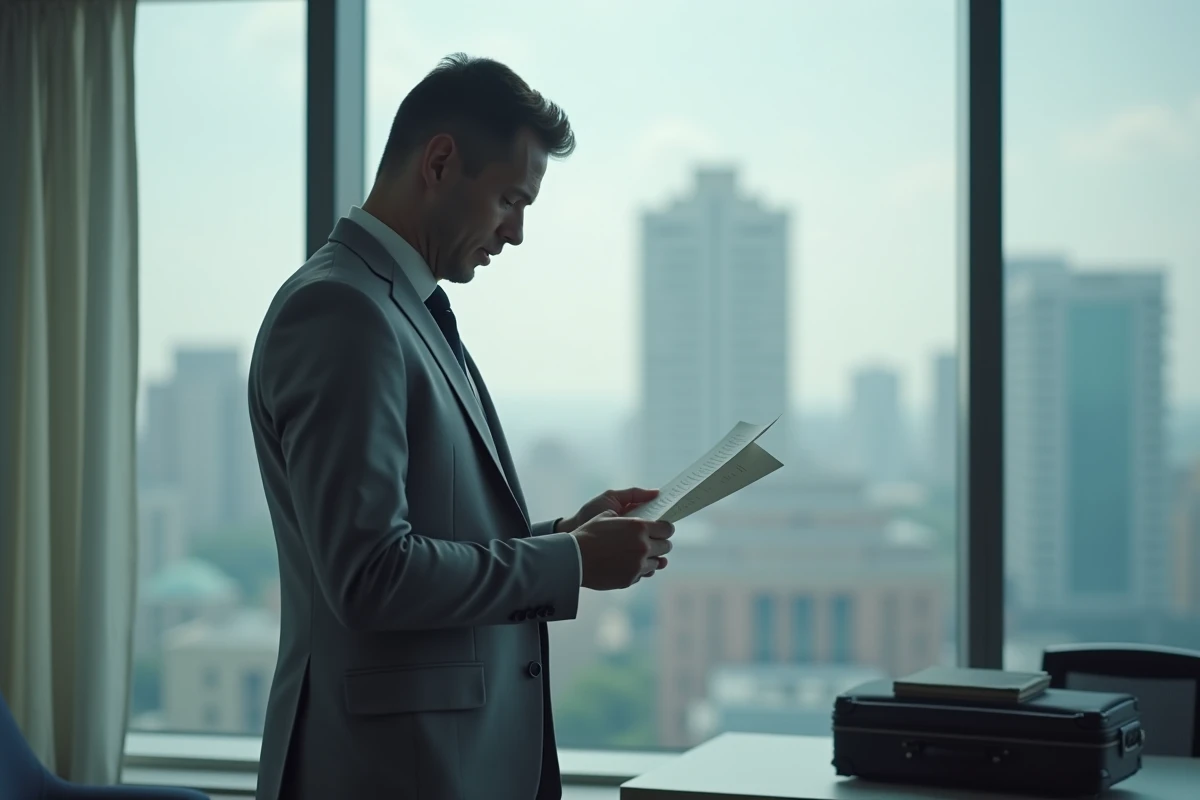 Homme lisant sa lettre de rupture conventionnelle avant de quitter son emploi pour une reconversion