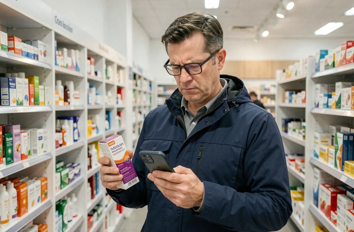 Homme dans une pharmacie vérifiant des informations sur son téléphone avant d'acheter un produit médical