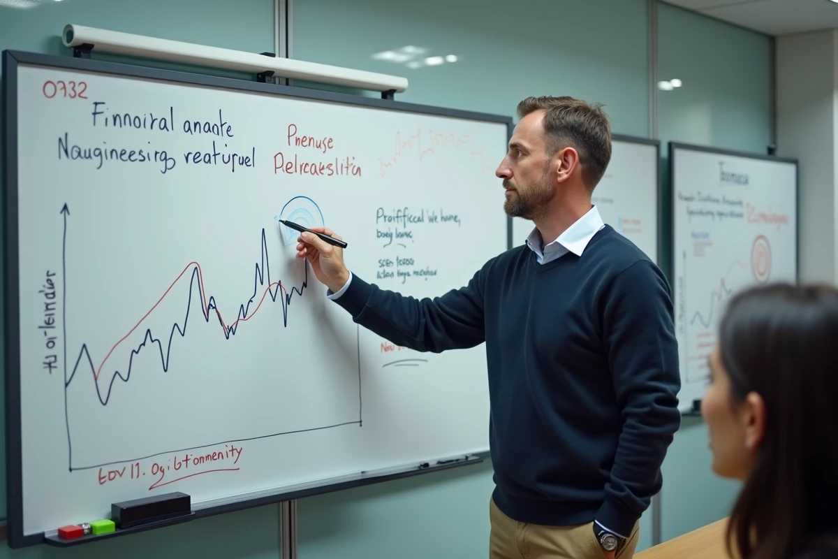 Homme expliquant des indicateurs financiers en classe