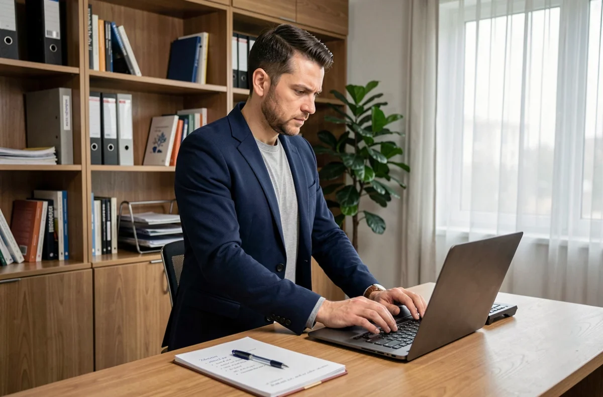 Homme en blazer rédigeant une note de service sur ordinateur portable dans un bureau privé