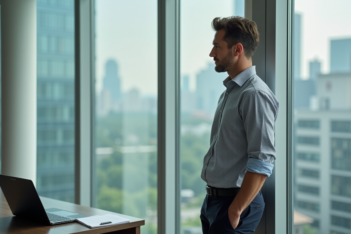 Homme d affaires regarde son reflet près de la fenêtre