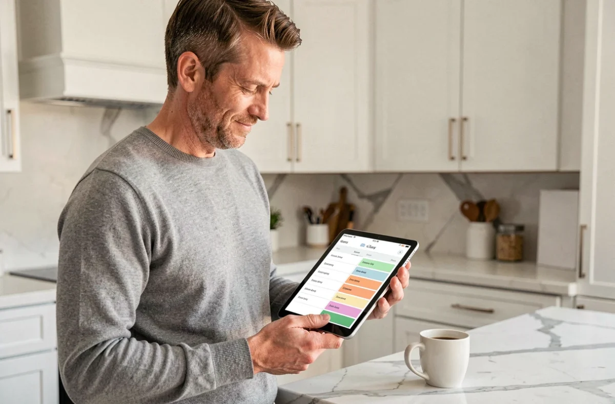 Homme consultant un planning de services à domicile sur une tablette dans une cuisine moderne
