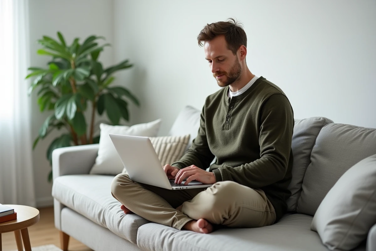 Homme en télétravail depuis son salon après un burn-out, travaillant sereinement sur son ordinateur portable dans un intérieur minimaliste