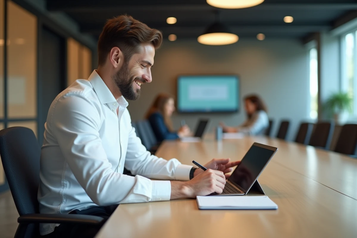 Homme concentré travaillant sur une tablette dans un espace professionnel
