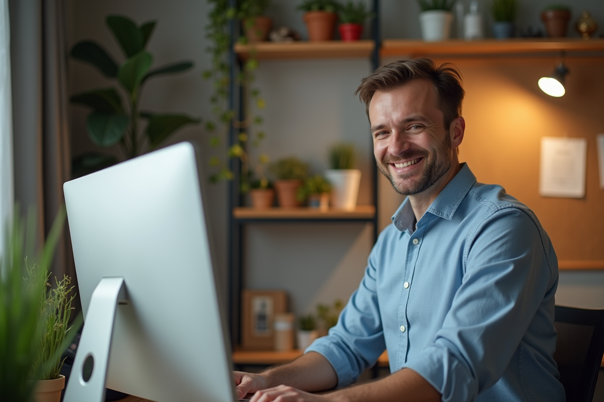 Homme souriant enregistrant un message vidéo dans son bureau