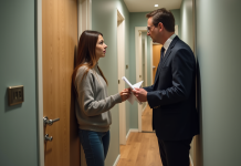 Huissier en costume remet des documents à une jeune femme chez elle
