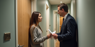 Huissier en costume remet des documents à une jeune femme chez elle