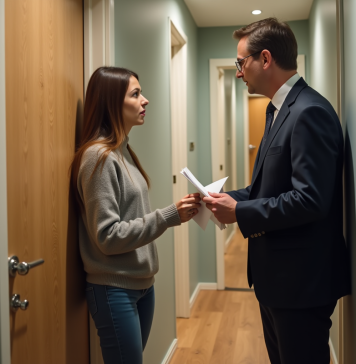 Qui paie les frais d’huissier en cas de recouvrement : ce que vous devez savoir Huissier en costume remet des documents à une jeune femme chez elle