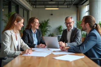 Équipe de collègues qui rit ensemble autour d'une table de réunion moderne, illustrant la détente des tensions en entreprise grâce à l'humour