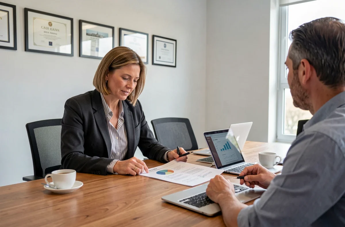 Responsable de l'agence Ideal-com au Mans présentant un audit SEO à un client lors d'une réunion professionnelle