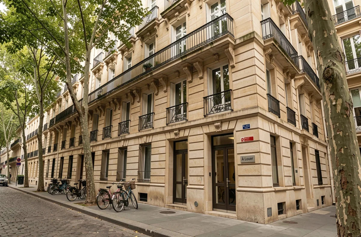 Façade d'immeuble de bureaux haussmannien à louer dans le centre de Paris