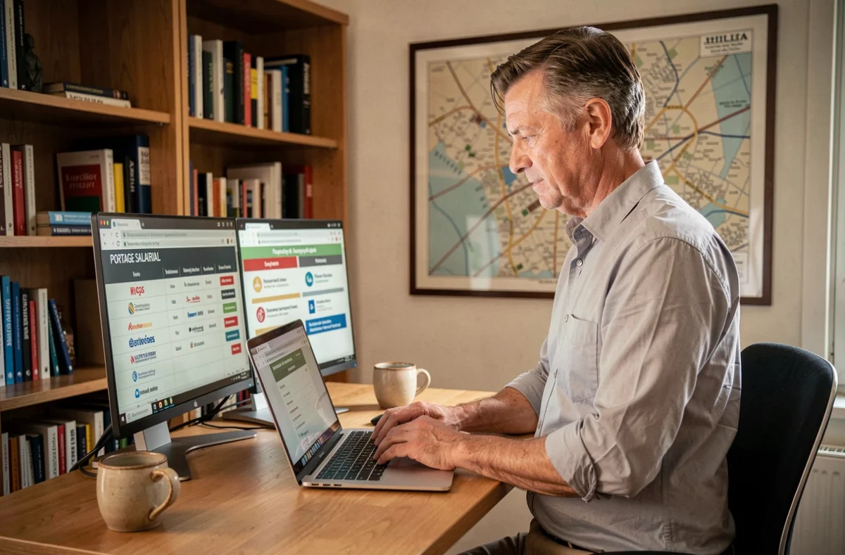 Travailleur indépendant comparant des sociétés de portage salarial sur son ordinateur depuis son bureau à domicile à Lille