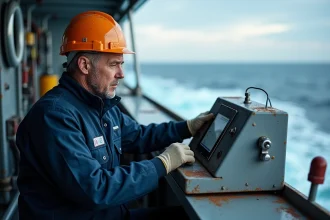 Ingénieur en tenue de travail opérant un ROV en mer