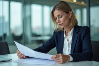 Femme cadre examinant des documents de propriété intellectuelle déposés à l'INPI lors d'une réunion d'affaires