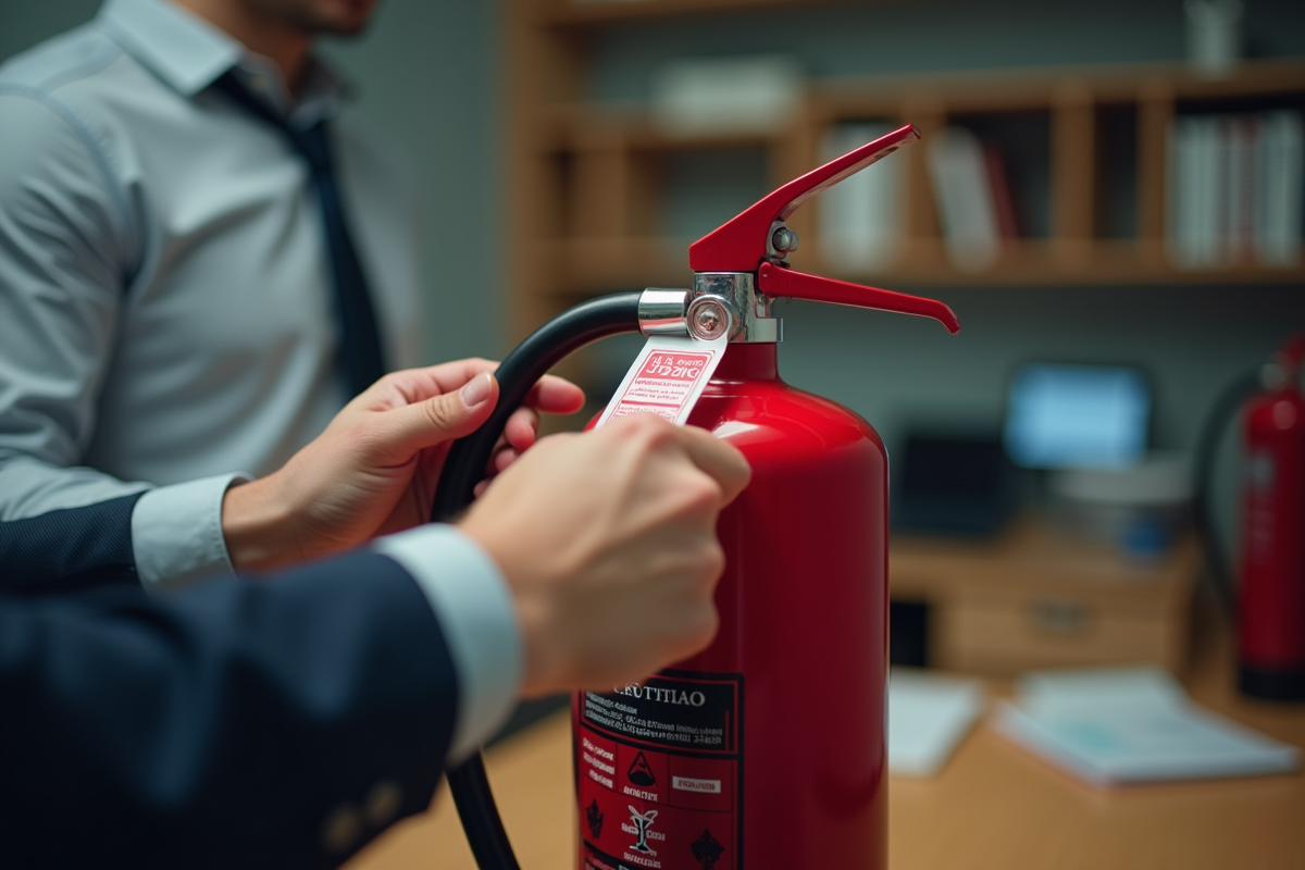 Mains d’un responsable vérifiant l’étiquette d’un extincteur