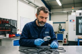 Ingénieur industriel inspectant des pièces en élastomère sur un établi en acier inoxydable dans une usine française moderne