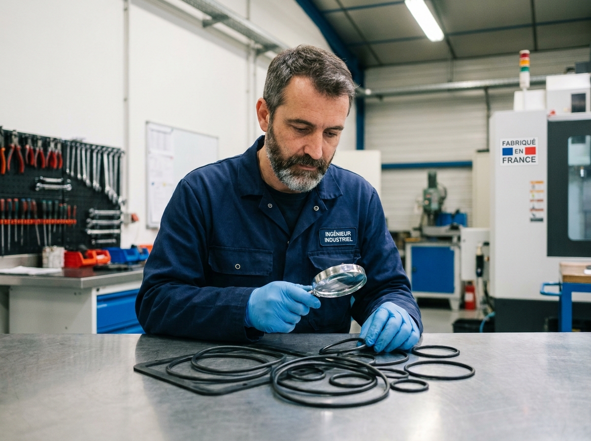 Ingénieur industriel inspectant des pièces en élastomère sur un établi en acier inoxydable dans une usine française moderne