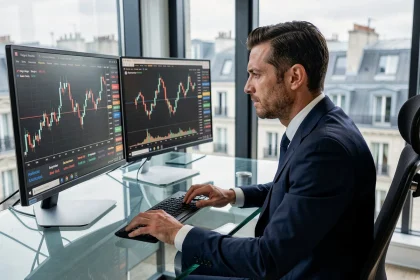Investisseur analysant des actions de valeurs technologiques françaises sur écran double dans un bureau moderne à Paris