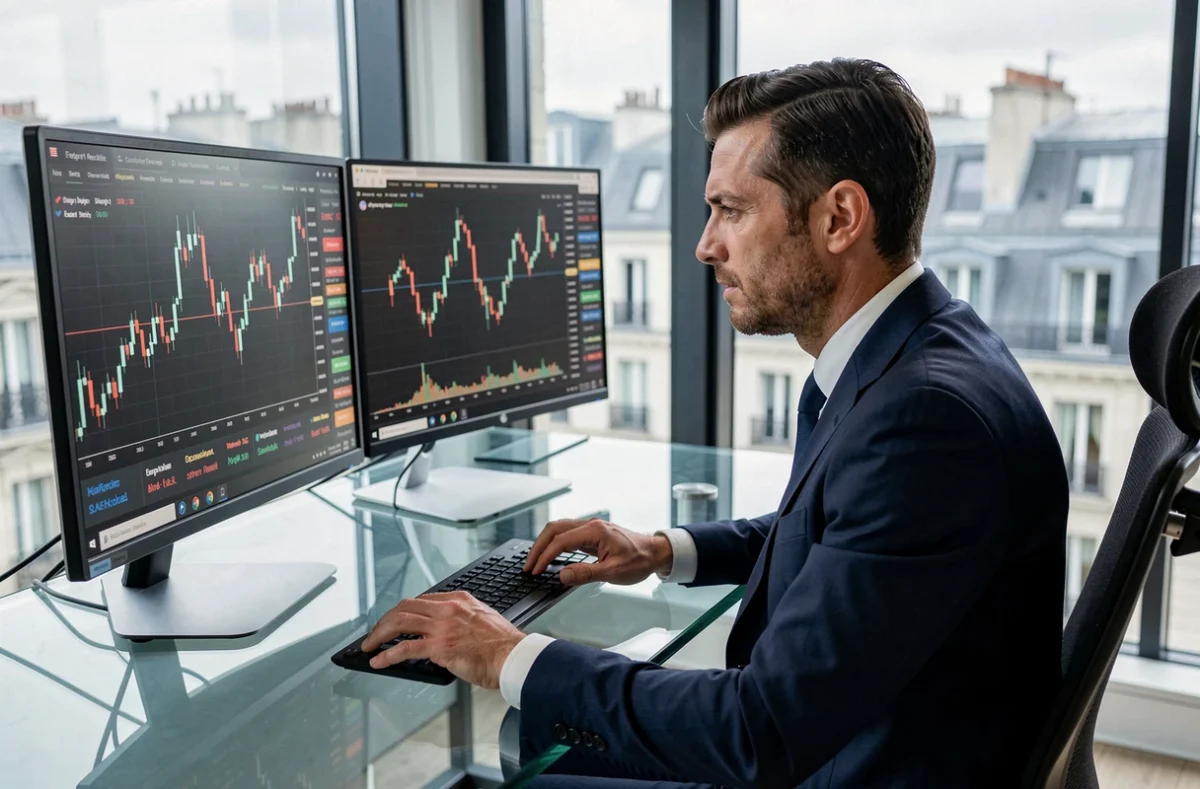 Investisseur analysant des actions de valeurs technologiques françaises sur écran double dans un bureau moderne à Paris