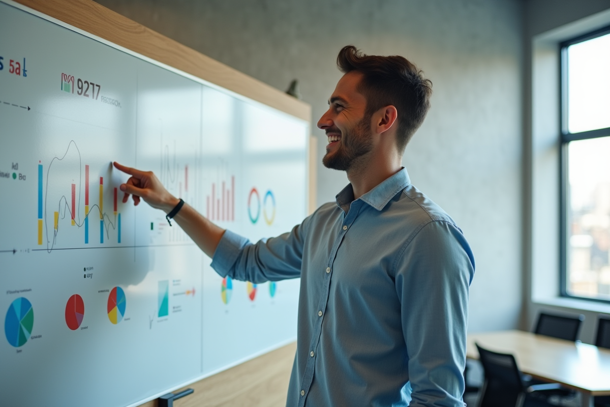 Jeune analyste pointant un graphique sur un tableau blanc