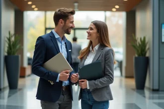 Jeune homme et femme en bureau moderne pour article sur carrière