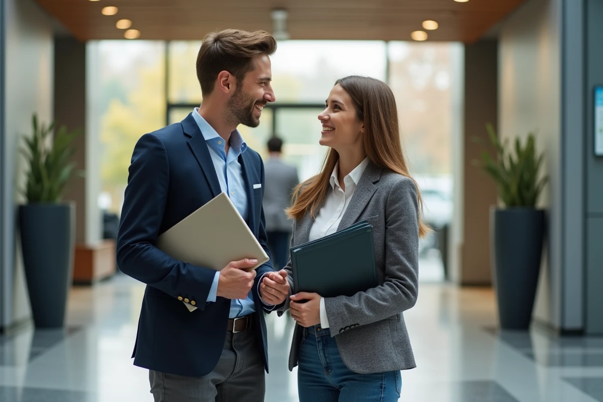 Jeune homme et femme en bureau moderne pour article sur carrière