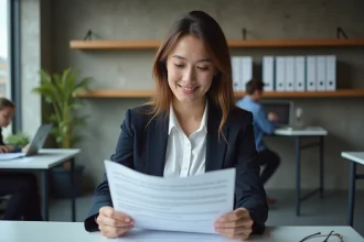 Jeune diplômée consultant le répertoire ROME à son bureau dans un espace de coworking moderne