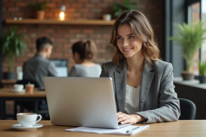 Jeune entrepreneuse consultant son ordinateur portable dans un espace de coworking moderne, illustrant la cr&eacute;ation d'entreprise et l'accompagnement entrepreneurial