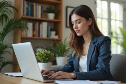 Jeune femme concentrée remplissant une demande en ligne à son bureau