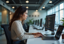 Métiers de l’informatique 2025 : les plus recherchés dans l’ère numérique Jeune femme concentrée en coding dans un bureau moderne