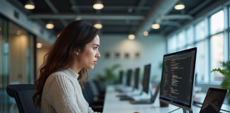 Métiers de l’informatique 2025 : les plus recherchés dans l’ère numérique Jeune femme concentrée en coding dans un bureau moderne