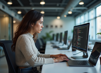 Métiers de l’informatique 2025 : les plus recherchés dans l’ère numérique Jeune femme concentrée en coding dans un bureau moderne