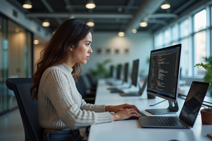 Jeune femme concentrée en coding dans un bureau moderne