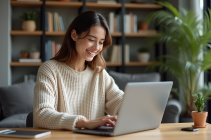 Jeune femme en train d'éditer une vidéo sur son ordinateur à la maison