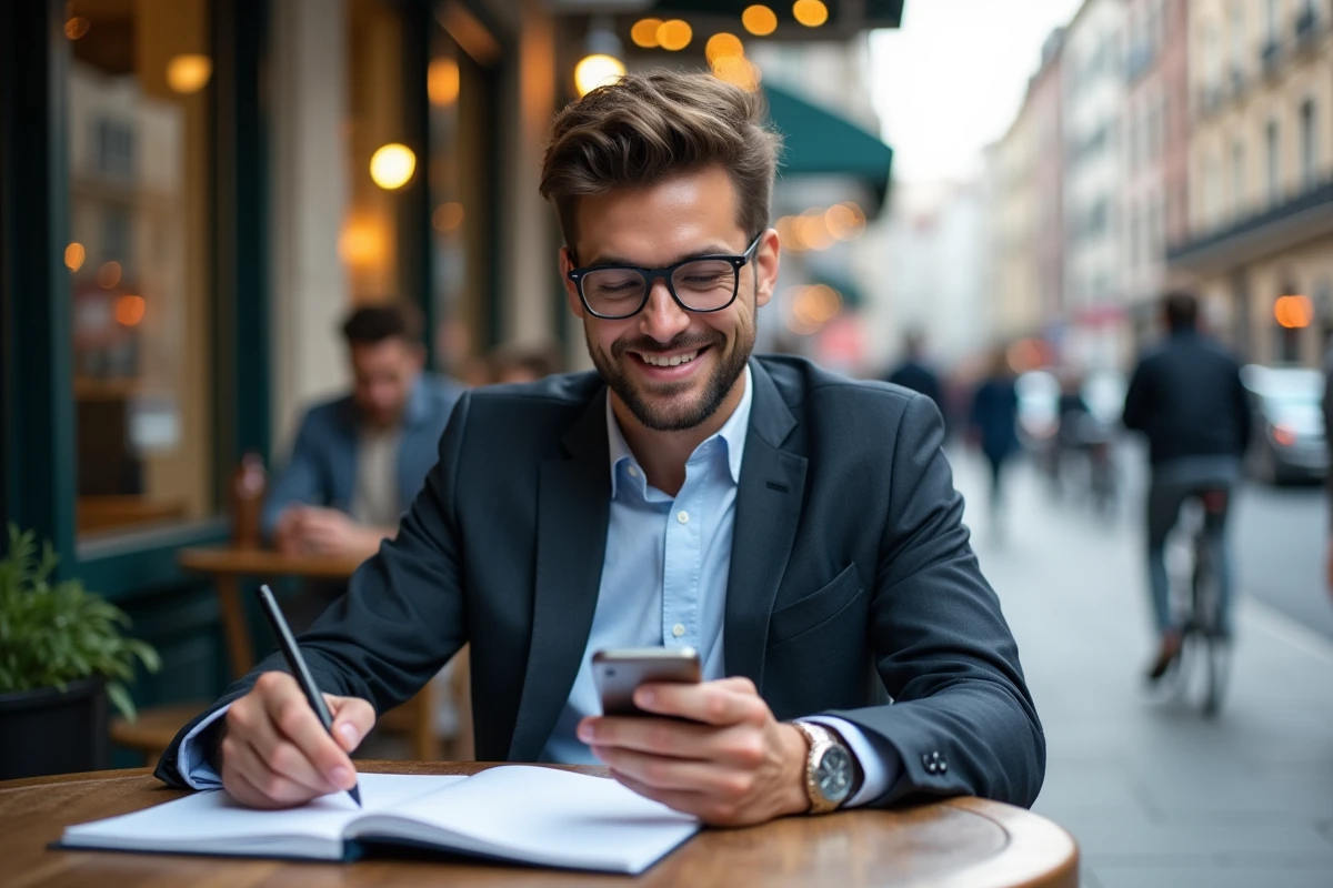 Jeune homme d&eacute;tendu au caf&eacute; en train de r&eacute;fl&eacute;chir avec un carnet