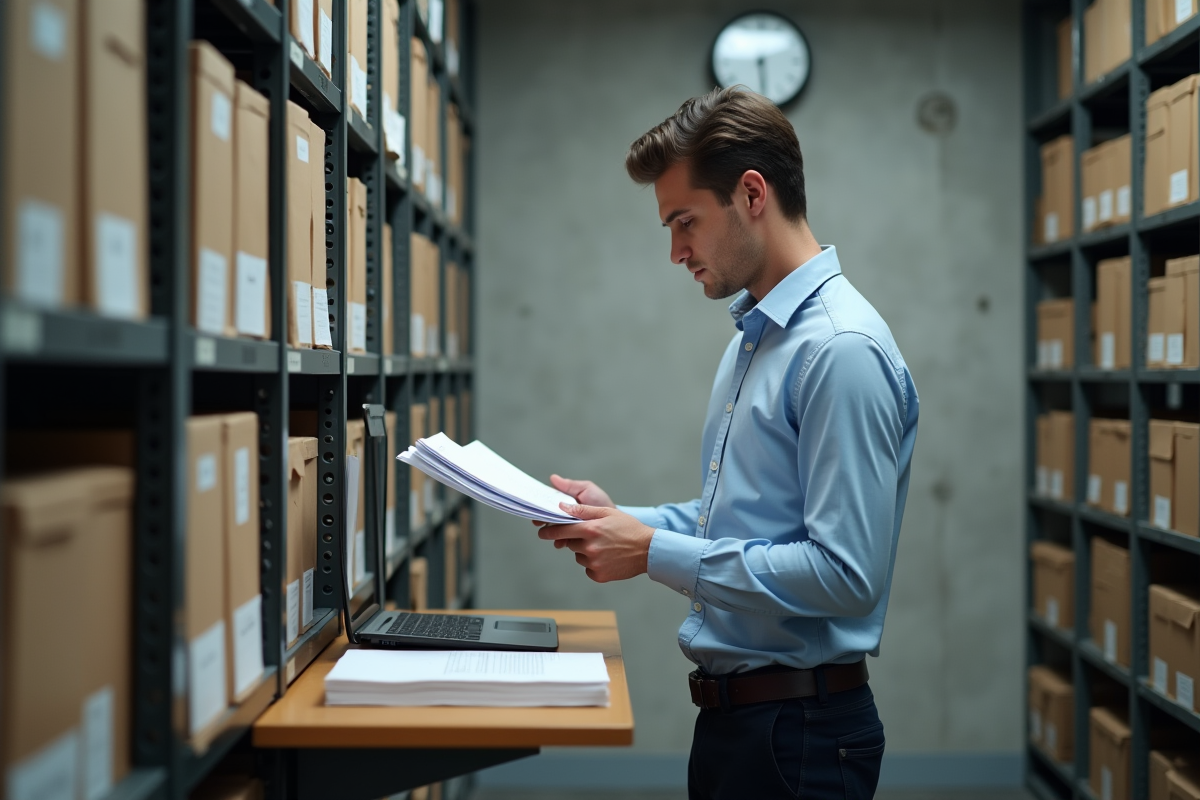 Jeune homme scannant des papiers dans une salle d archives