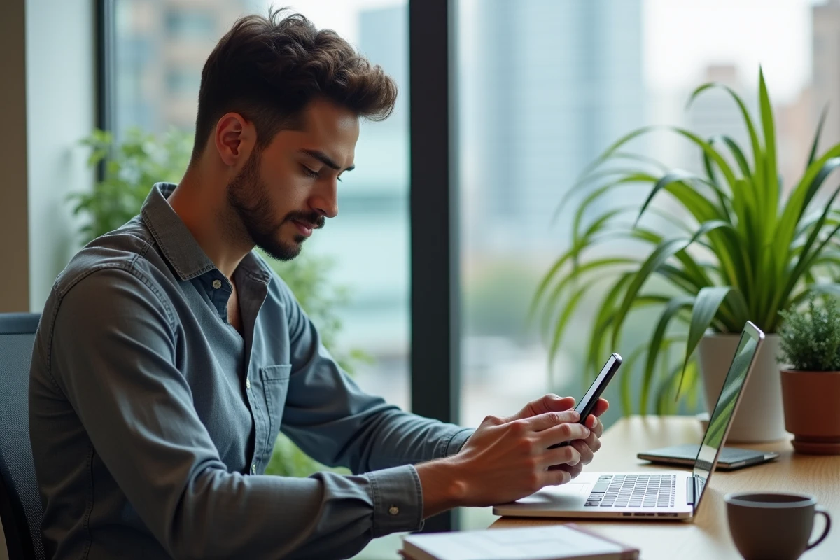 Jeune homme utilisant un smartphone avec un écran de connexion sécurisé