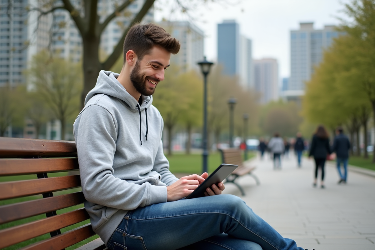 Jeune homme dans un parc utilisant une tablette