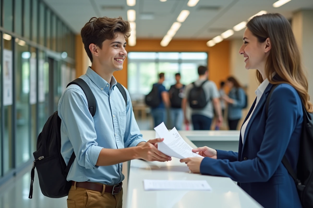 Jeune homme souriant remettant ses papiers à un agent à la réception