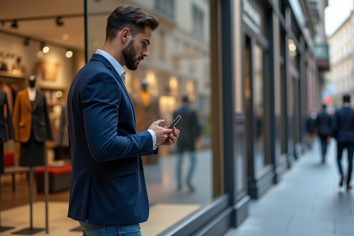 Jeune homme regardant une vitrine de mode urbaine