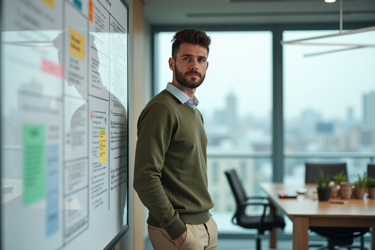 Jeune homme expliquant des concepts comptables devant un whiteboard