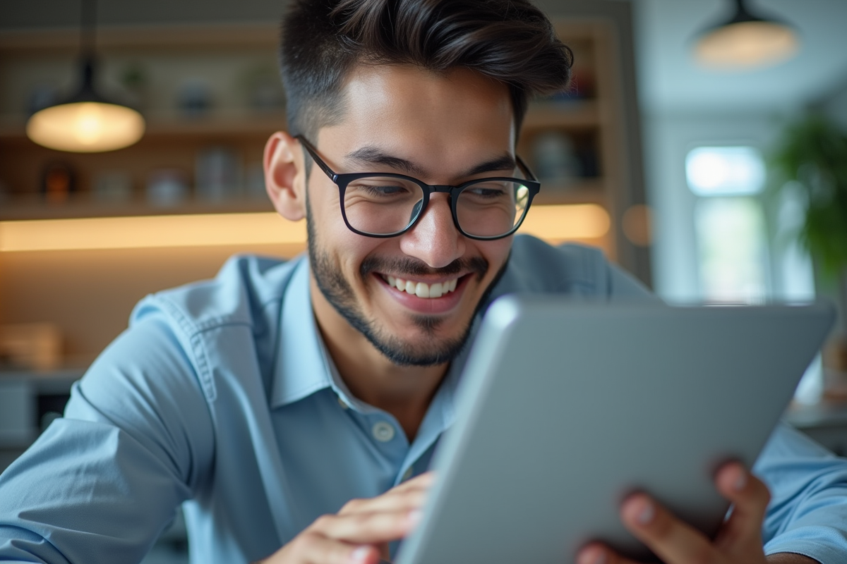 Jeune professionnel regardant un relevé de revenus sur une tablette