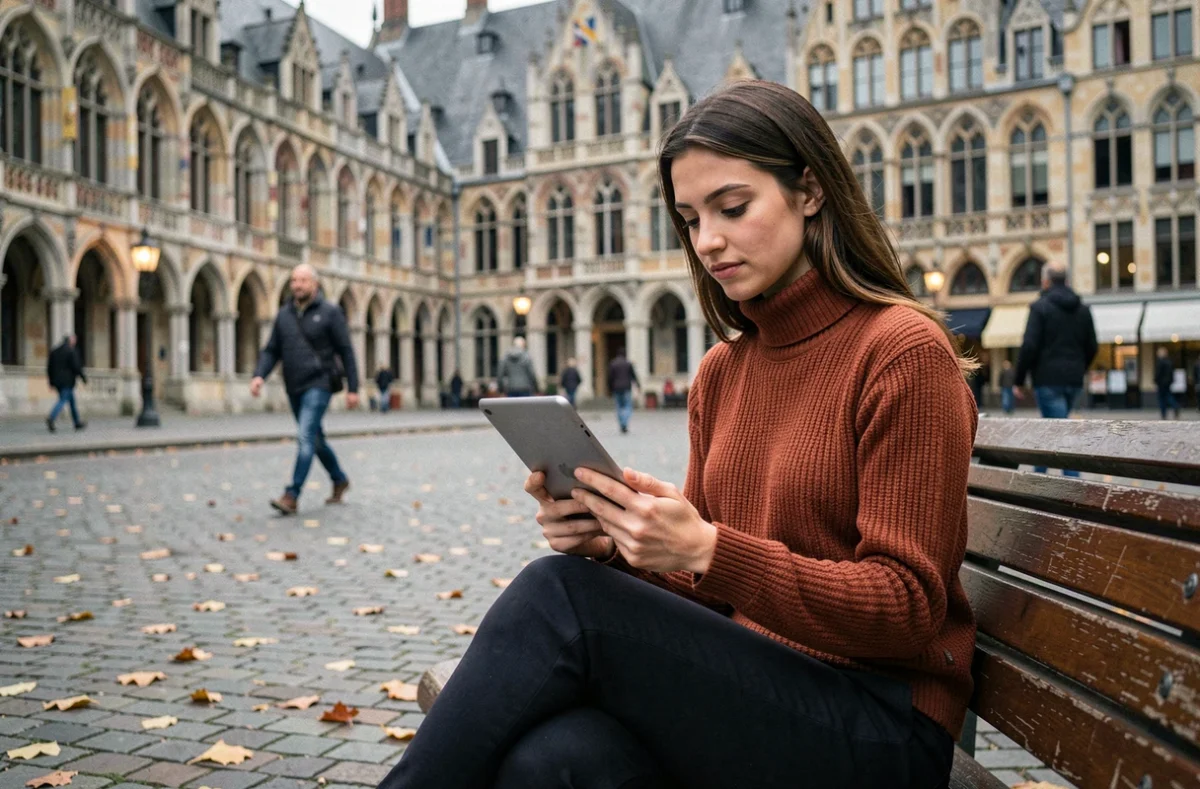 Jeune professionnelle recherchant une structure de portage salarial sur tablette en plein air place du Grand-Place à Lille