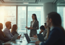 Jeune femme professionnelle donnant une présentation en bureau lumineux