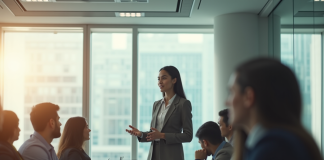 Jeune femme professionnelle donnant une présentation en bureau lumineux